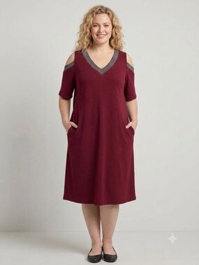 Cold-Shoulder V-Neck Midi Dress in Burgundy